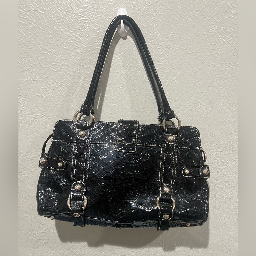 Guess Black Patent Croc-Embossed Satchel with Studded Hardware Y2K Beauty EUC - Picture 4 of 7